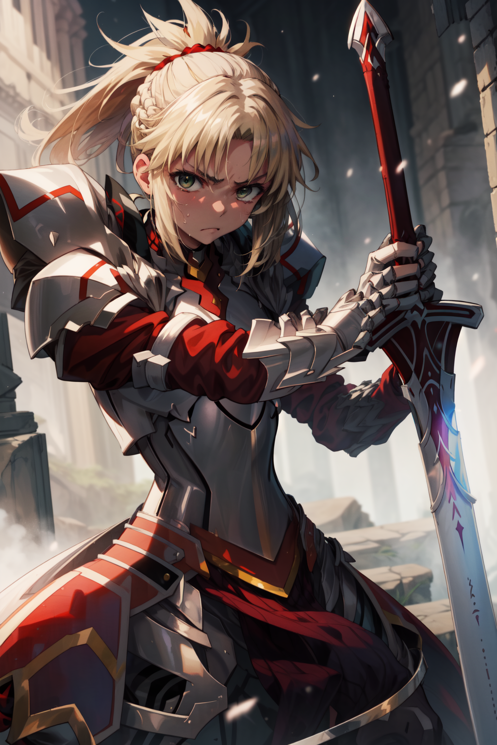 00886-3021639098-masterpiece,best quality,1girl,mordred _(fate_),MordredArmorNoHelmet,(holding sword,greatsword,clarent _(fate_)),serious,sweatdr.png